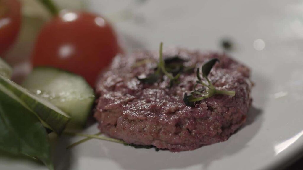 vtt's hybrid alternative meat burger made using plant ingredients and celullar agriculture