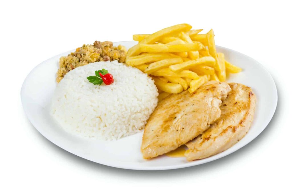 grilled chicken breast with rice and fries