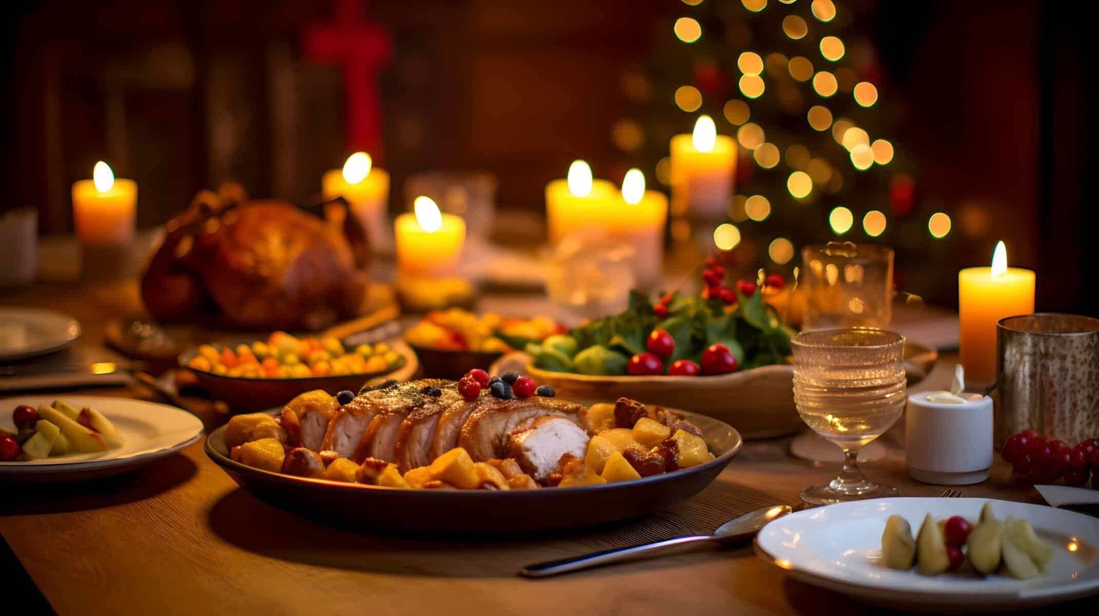 A roasted turkey at Christmas dinner table