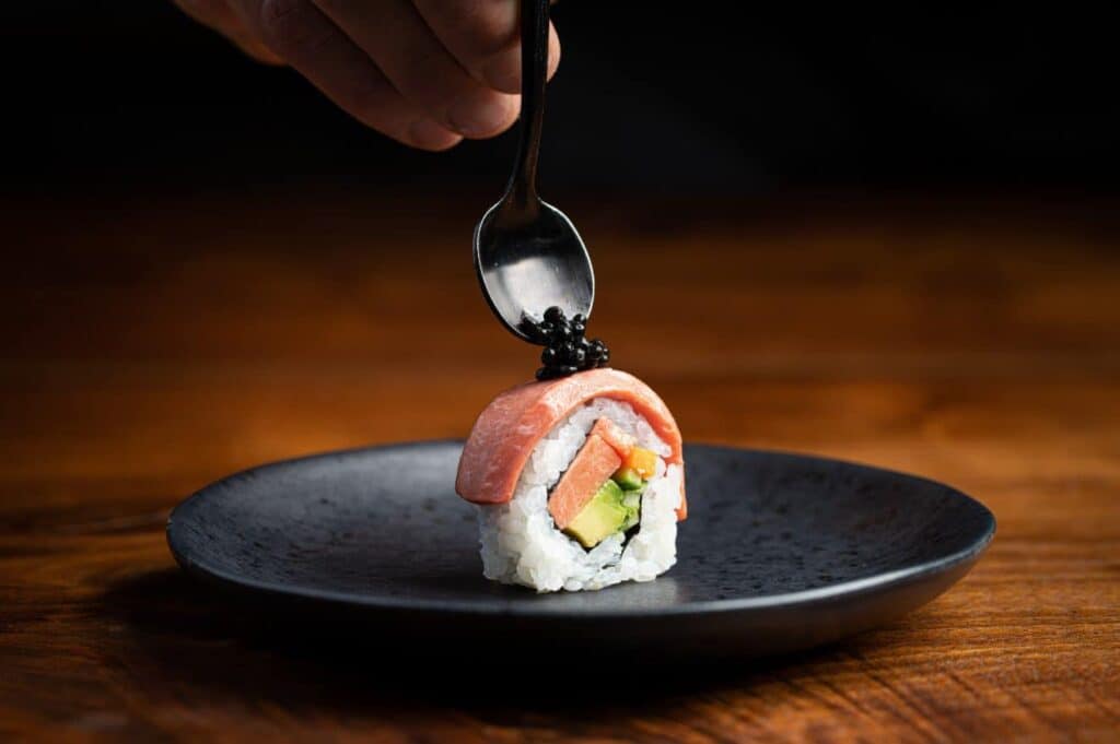 A sushi roll with cultivated toro
