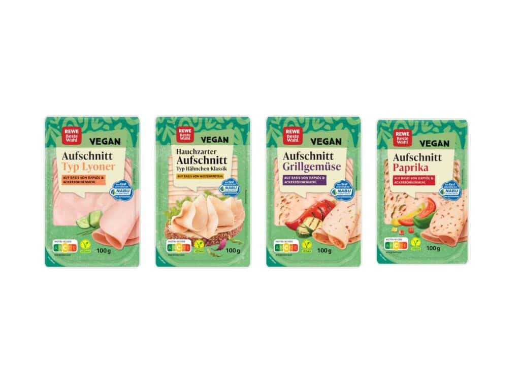Packshot vier sorten neue vegane aufschnitte von rewe beste wahl