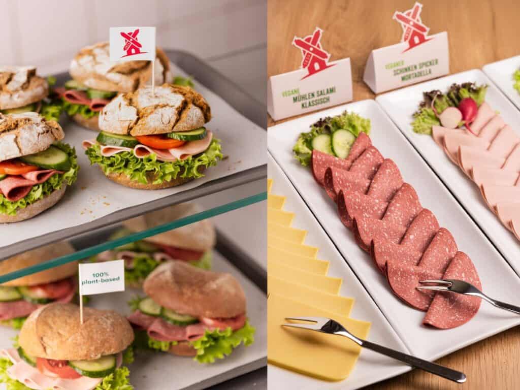 Pflanzliches frühstücksangebot - belegtes brötchen und buffet