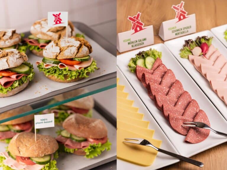 Pflanzliches frühstücksangebot - belegtes brötchen und buffet