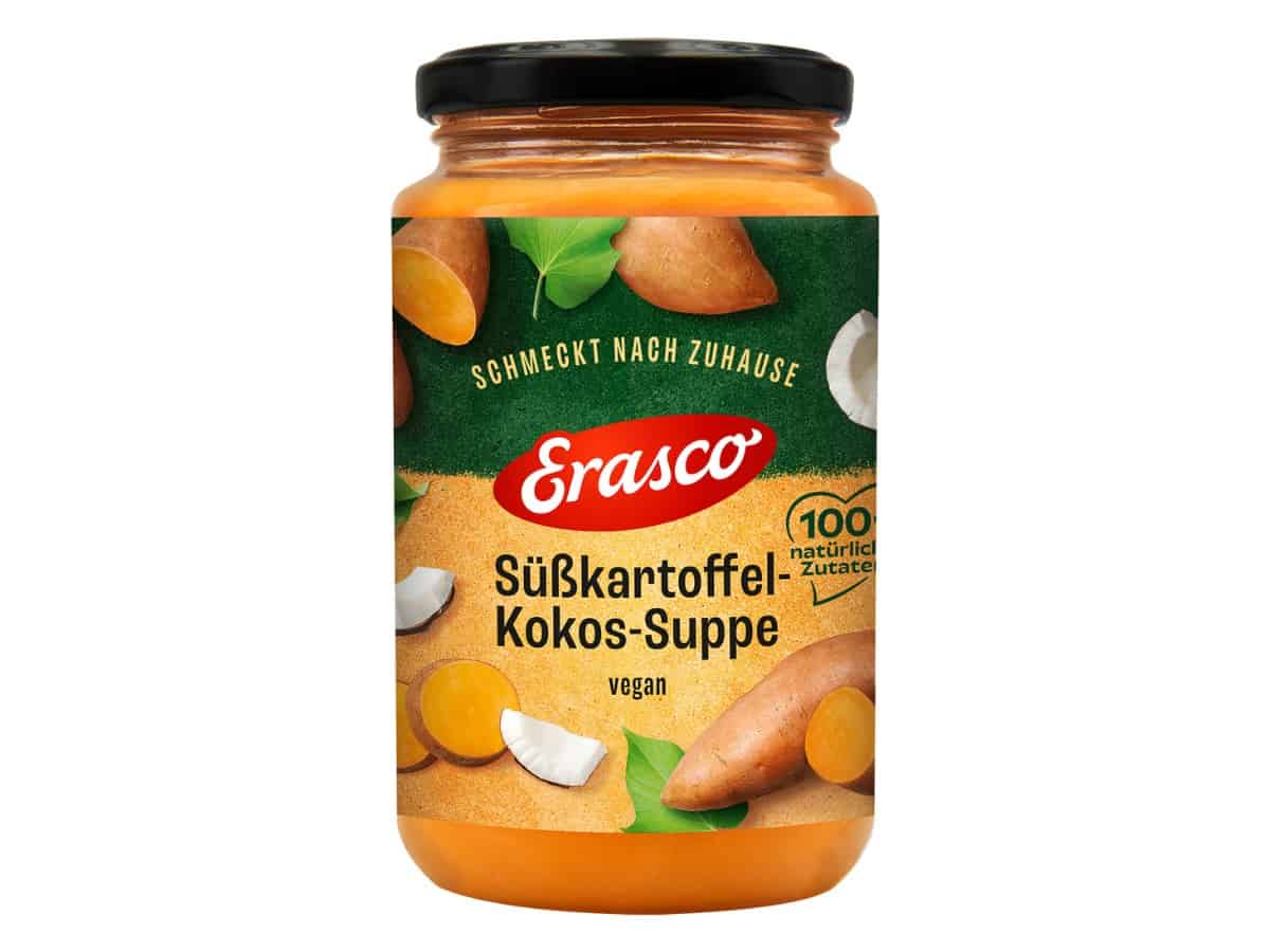 Packshot vegane süßkartoffel-kokos-suppe von erasco