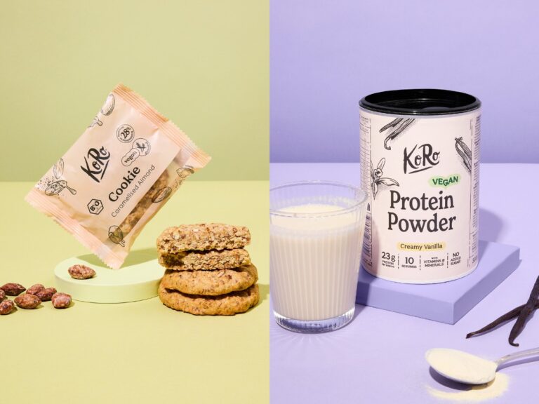 Packshots vegane neuprodukte august von koro proteinpulver und cookie