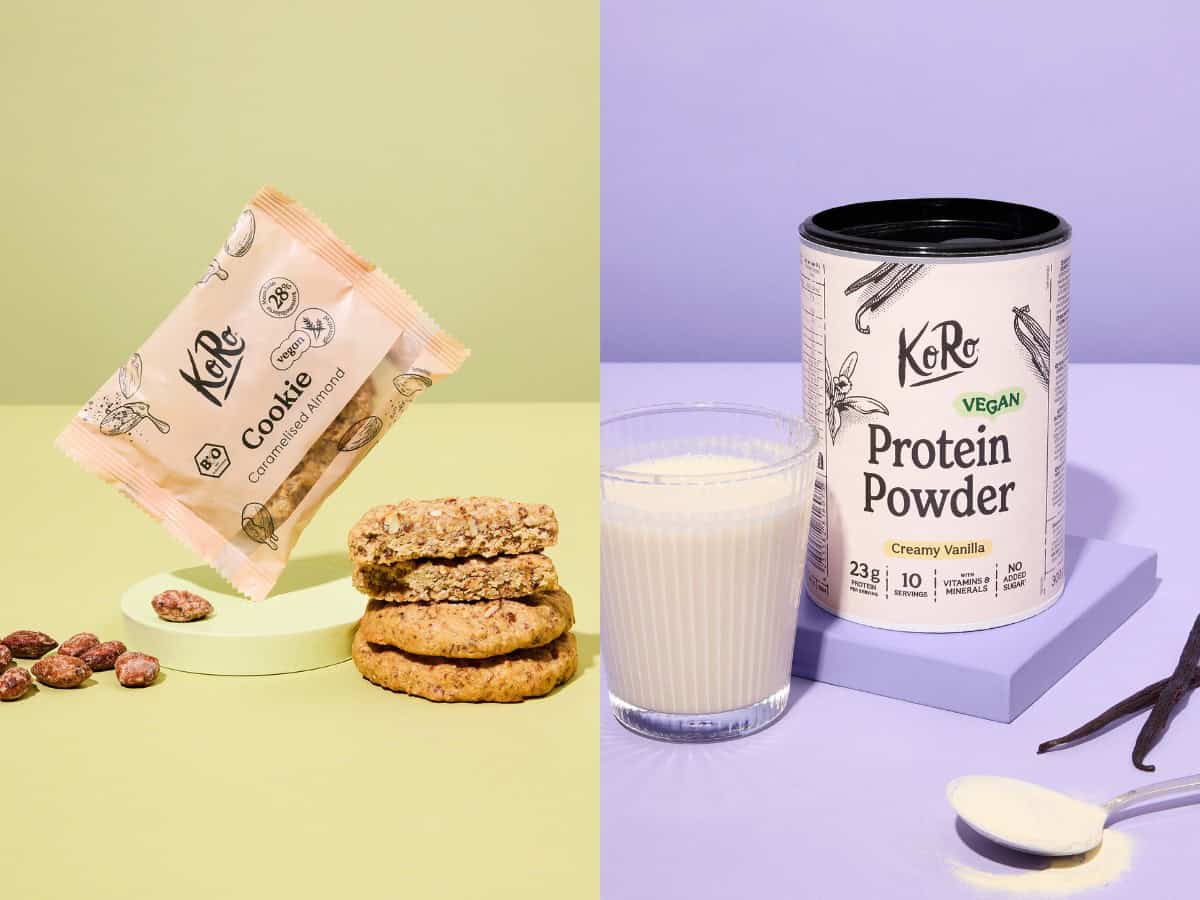 Packshots vegane Neuprodukte August von KoRo Proteinpulver und Cookie