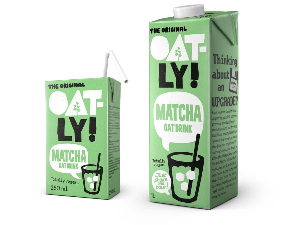 Packshots oatly matcha haferdrink 0,25 l-trinkpäckchen und 1 l-packung