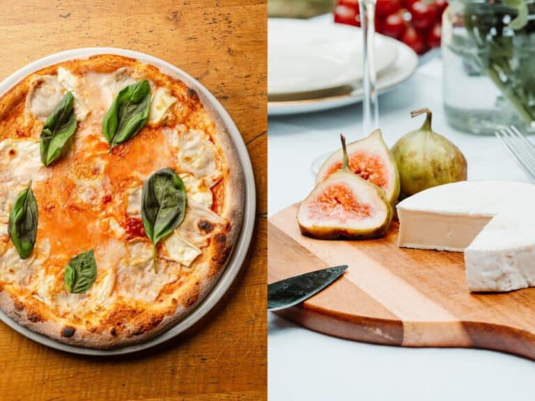 Vegane vier-käse-pizza „future formaggi by vanozza“ und veganer brie von vanozza