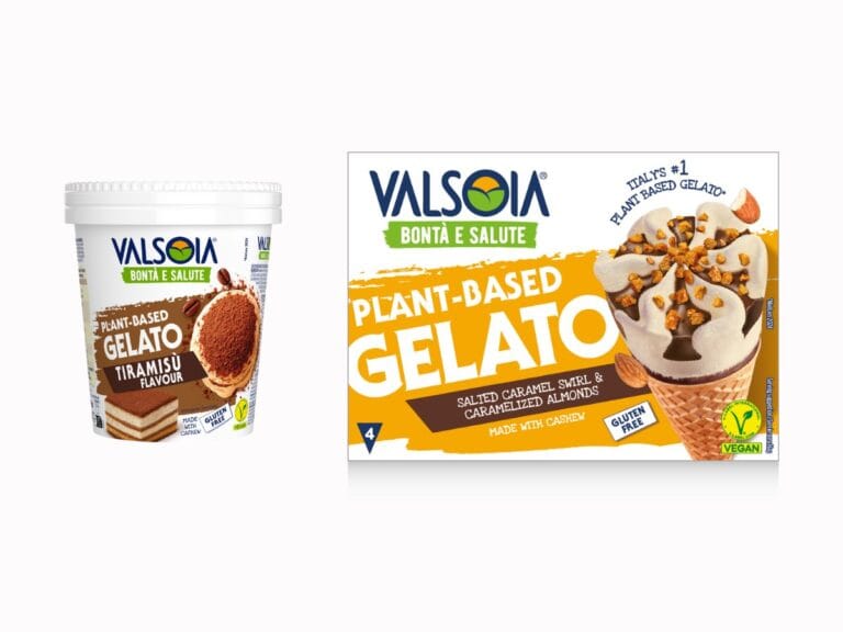 Packshots neue vegane eissorten 2025 von valsoia tiramisù-gelato im becher und der salted caramel cone