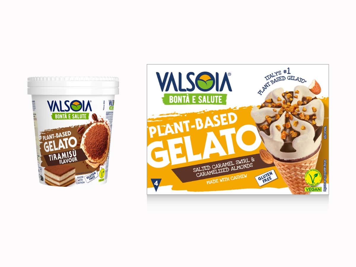 Packshots neue vegane eissorten 2025 von valsoia tiramisù-gelato im becher und der salted caramel cone
