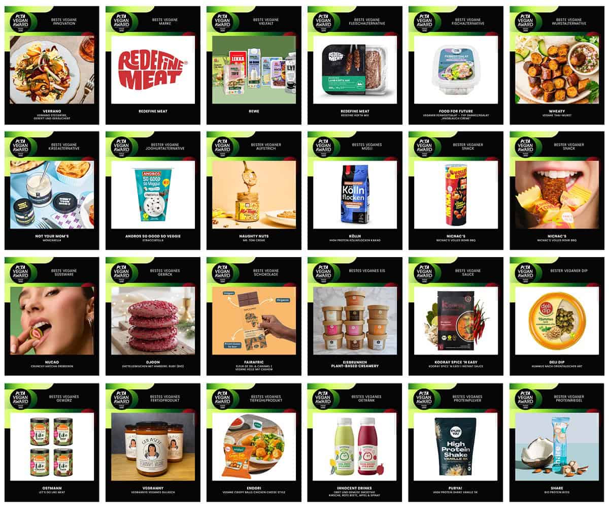 Die tierleidfreien gewinnerprodukte 2026 in den 24 kategorien / © peta deutschland e. V.