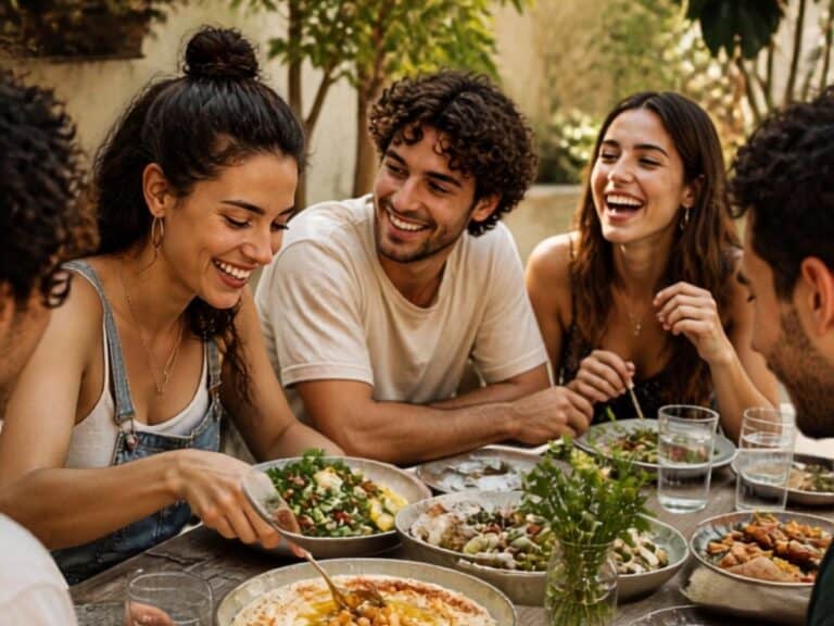 Junge menschen essen gemeinsam gerichte mit hülsenfrüchten