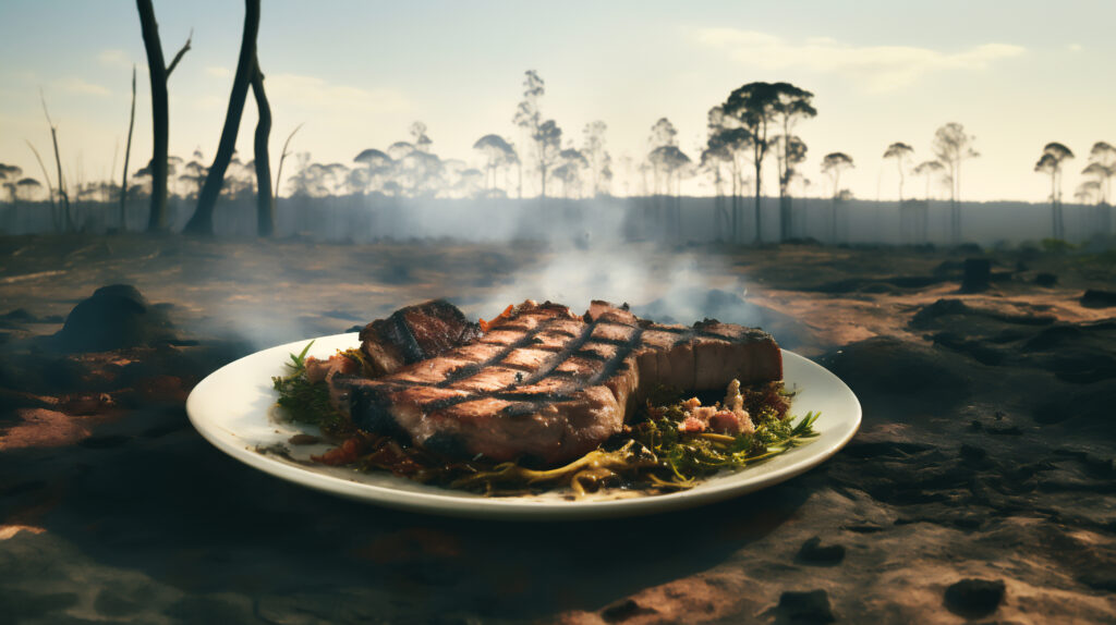 a plate with a steak takes center stage, representing the connection between meat consumption and environmental degradation Generative AI