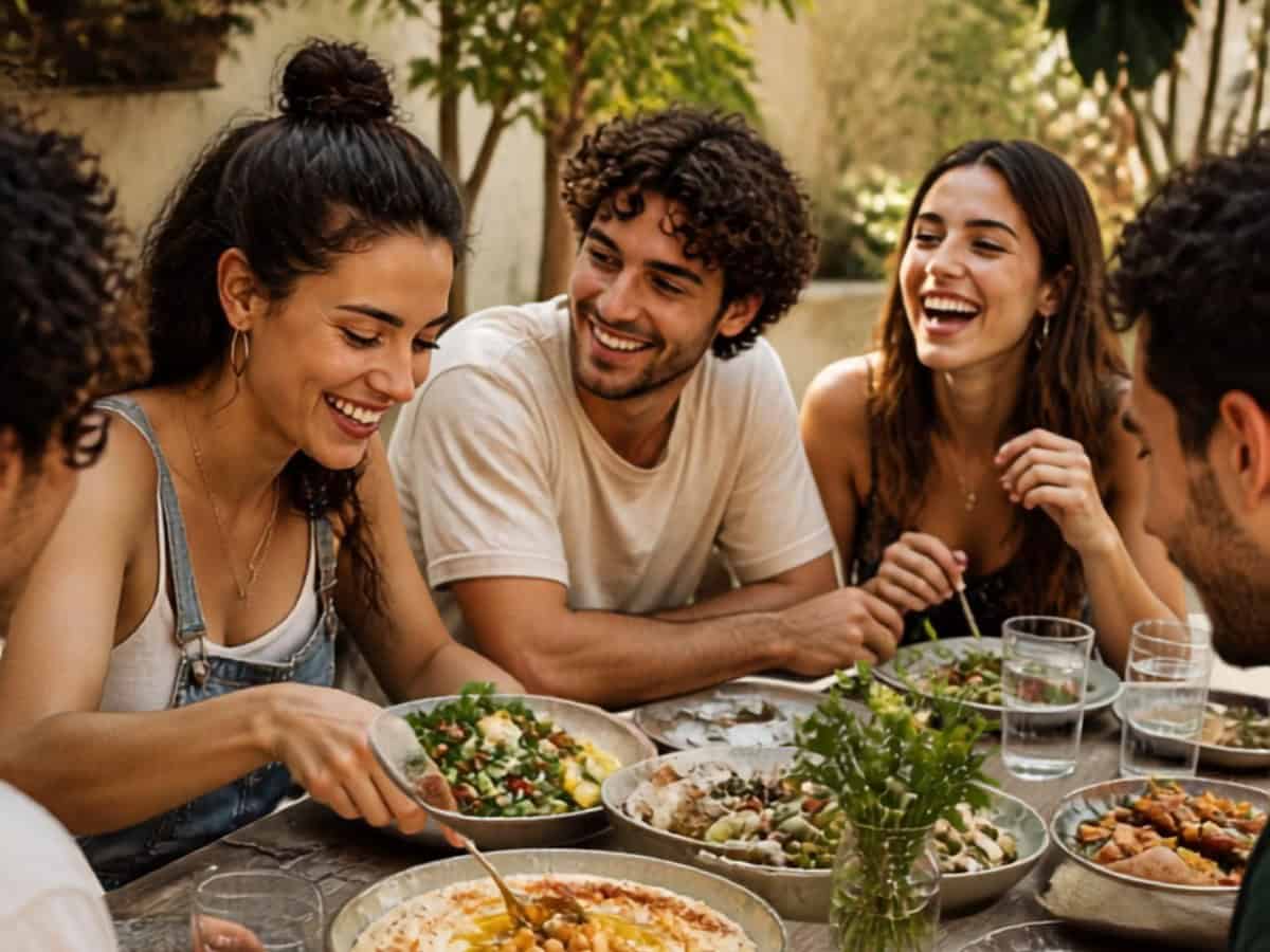 Junge Menschen essen gemeinsam Gerichte mit Hülsenfrüchten